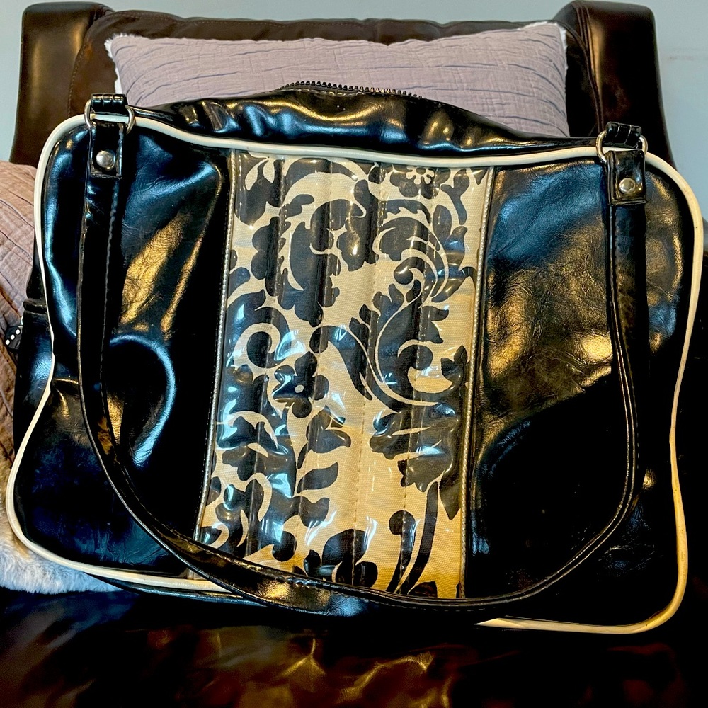 Trophy Queen large tote custom La Fleur black and cream fabric panels—PRICE DROP